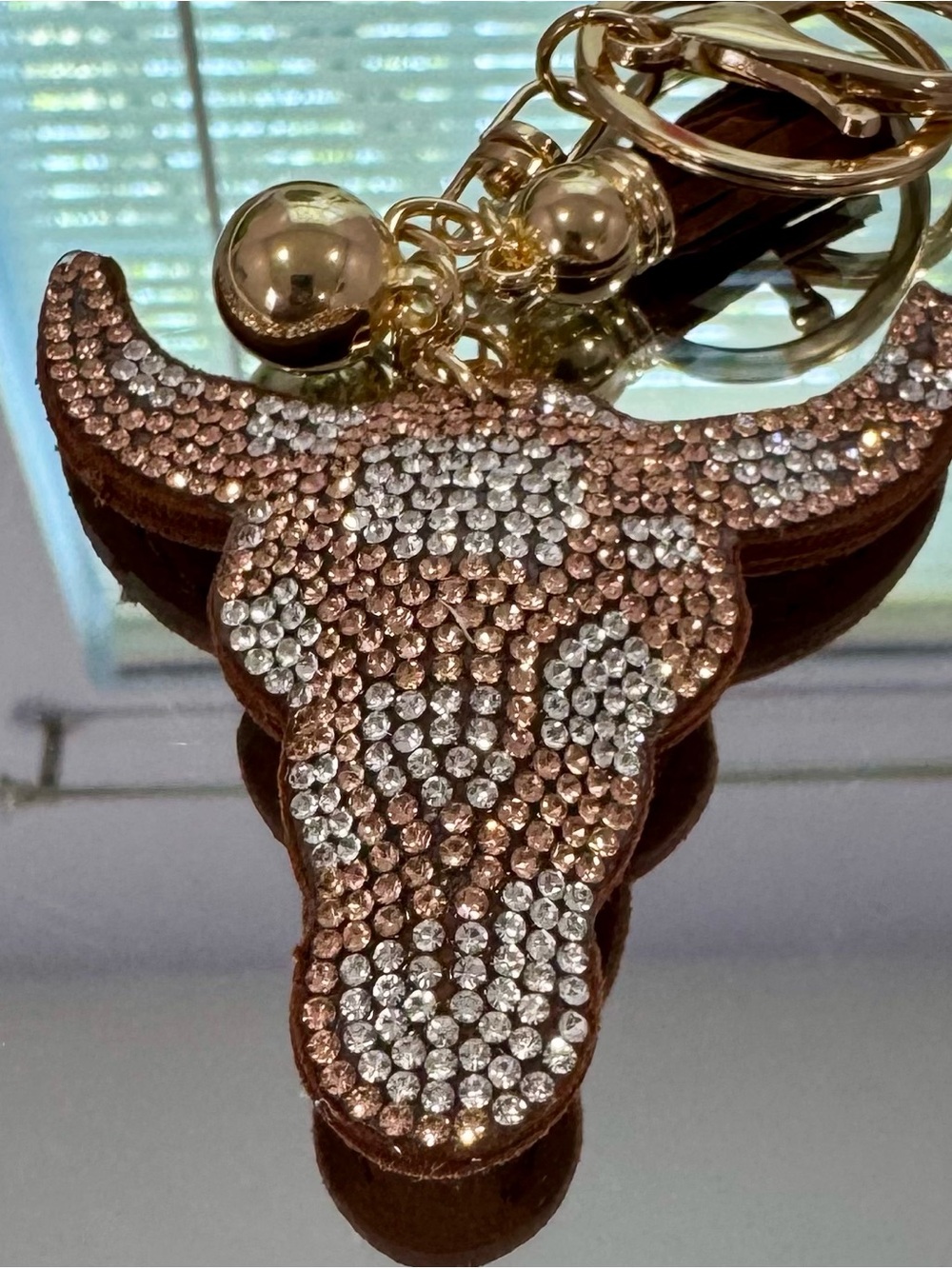 ew Brown Bull Head Keychain Charm with Crystal Accents